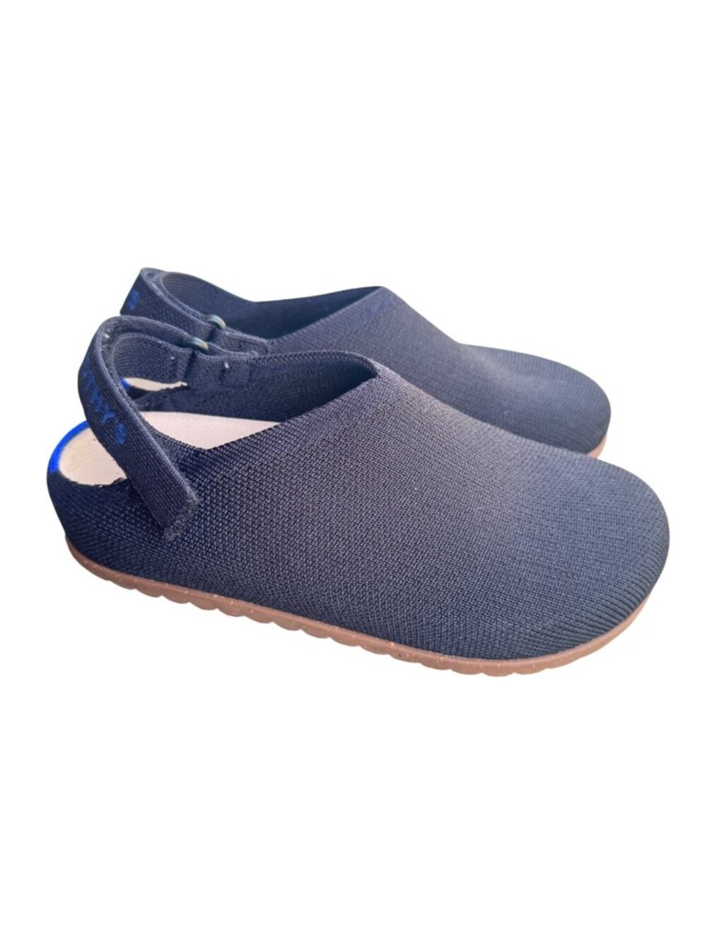 Rothy's Kids Clog Shoes Size K2 Blue Knit Brown Sole Slip On Washable Clogs